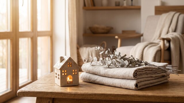 Hygge home decor concept with folded linen blankets, dried leaves, and a ceramic house candle holder on a wooden table