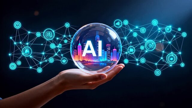 Hand holding AI cityscape crystal ball