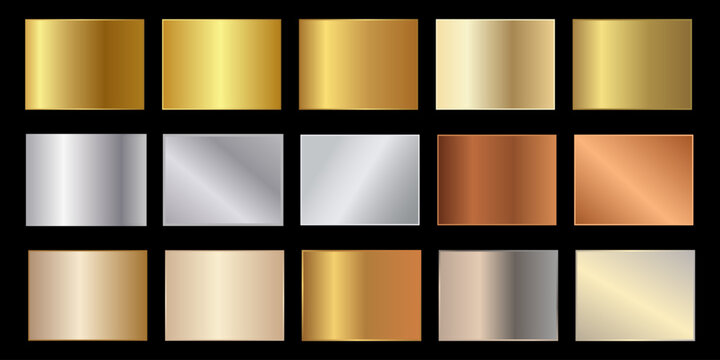Metallic gradient palette set with shiny gold silver bronze and copper plates on black background