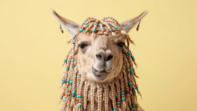 Slow motion tracking shot of llama turning head and blinking with braided beaded mane against yellow studio backdrop, calm friendly portrait