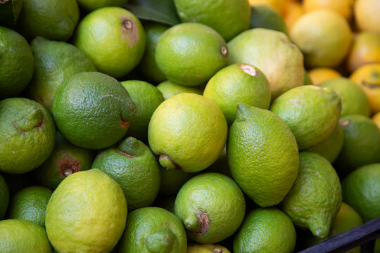 A vibrant display of ripe yellow and green lemons at Ballar&ograve; Market, a famous street market in Palermo, Sicily