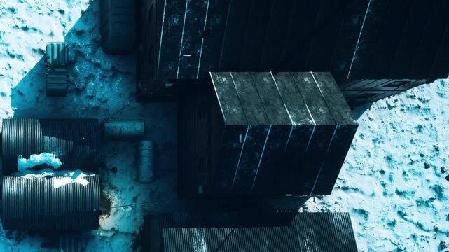 Two large structures sit on a snowy landscape under a clear blue sky. Sunlight casts shadows, revealing a barren, cold environment typical of winter.