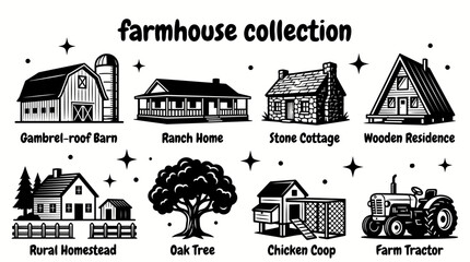 collection of countryside farmhouses featuring classic barns ranch homes stone cottages wooden residences rural homesteads and agricultural architecture arranged as a premium © Ethan
