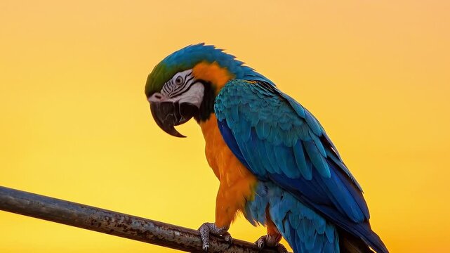 Slow tracking pan of blue and gold macaw perched and turning on metal railing against warm sunset sky in outdoor tropical setting, calm evening portrait