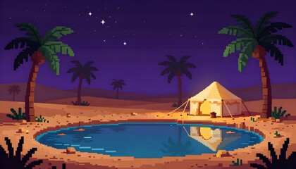 Obraz premium pixel art desert oasis glowing under moonlit night