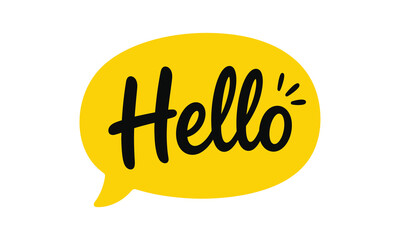 Yellow speech bubble icon with the word hello written in black text © Rezia