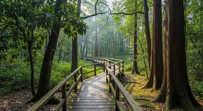 Curved wooden path through lush green forest.