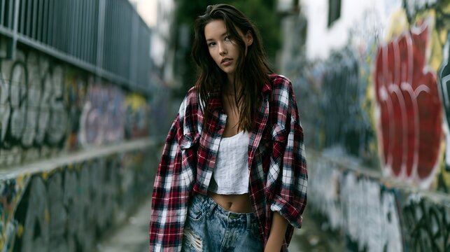 A young woman stands confidently in an urban alley covered in colorful graffiti art while wearing casual streetwear