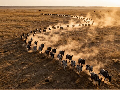 Great Migration Herd With Dust Cloud Aerial View in Serengeti