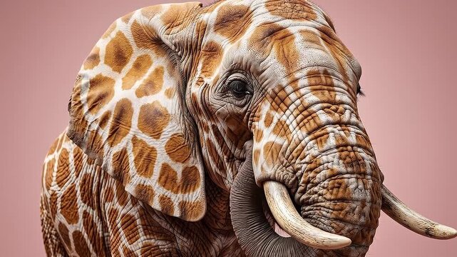 Panning tracking slow motion shot of elephant with giraffe patterned skin turning head on pink studio backdrop portrait calm curious mood detailed textured close up