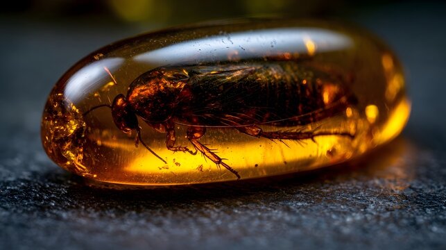 A cockroach is encased within a translucent amber like substance on a dark textured surface