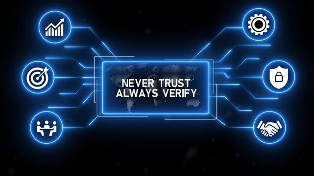 Never Trust, Always Verify Concept . Cybersecurity principle, often associated with Zero Trust Architecture.4k animation video.