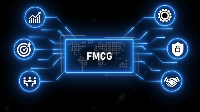 FMCG - Fast-Moving Consumer Goods Examples icons set infographics background.blue neon digital technology background.4k animation video.