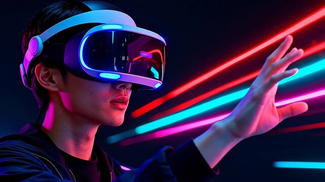 Person wearing VR headset with neon lights