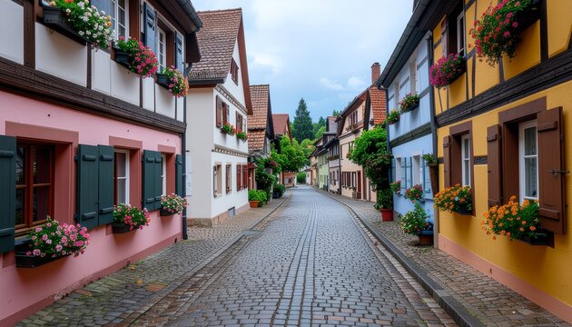 Charming Cobblestone street with colorful half-timbered houses