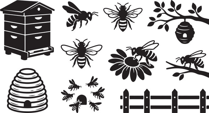 Beehive and Honey Bee Farm Silhouette Vector Collection for Nature Design