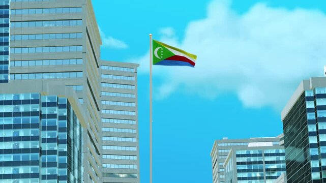 Comoros Flag 3D Render Animation with Urban Architecture and Clear Blue Sky