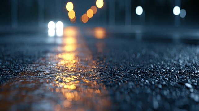 Rainy Night Drive with Reflections of City Lights on Wet Asphalt Road