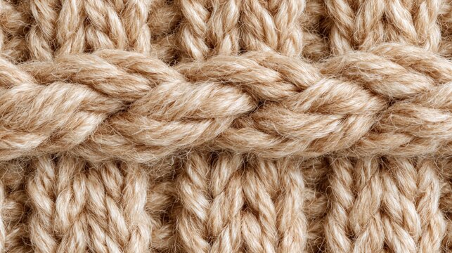 Close-up macro shot of intricate, braided cable knit pattern in warm, natural beige wool yarn texture