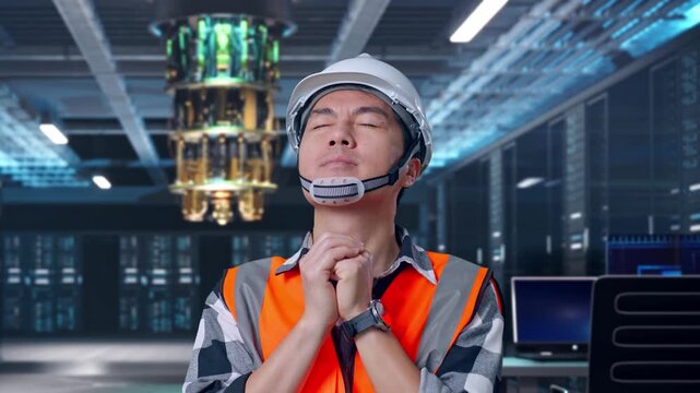 Close Up Of Asian Male Engineer With Safety Helmet Pray For Something While Standing at Futuristic Quantum Computer Data Center Control Room