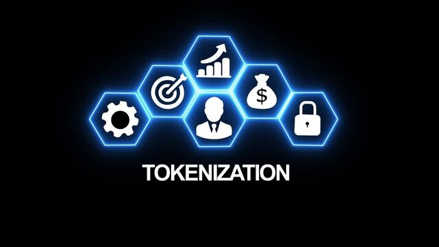 Tokenization concept with glowing digital hexagon for fintech and blockchain business solutions