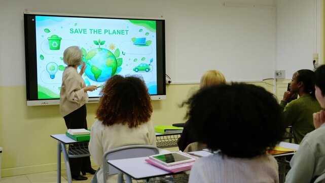 High school students listening to their teacher during an environmental class in the classroom