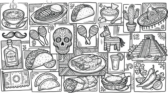 Traditional Mexican culture food and icons set with tacos burrito enchiladas tequila sugar skull maya pyramid vector sketch