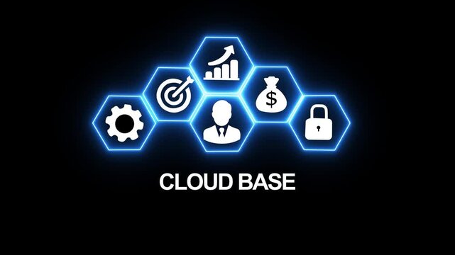 Cloud base digital business network interface with glowing hexagon and data security symbols