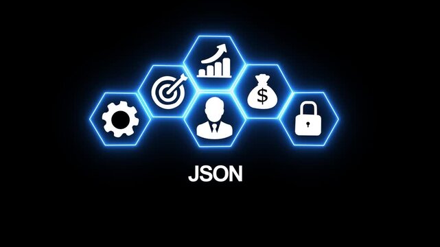 Json data processing and digital security concept with glowing hexagon interface