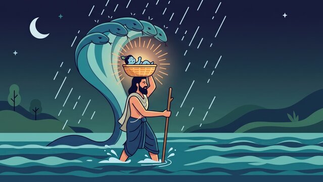 Vasudeva Crossing Yamuna &ndash; Modern Krishna Vector Banner