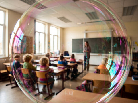 Primary school classroom seen through a transparent soap bubble symbolizing child protection, safety and a positive learning environment
