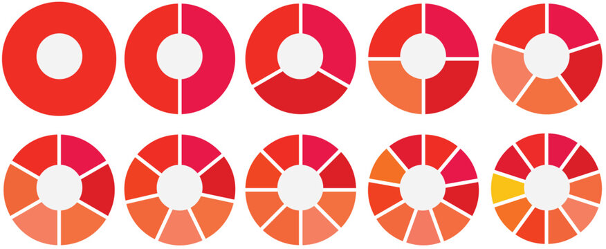 Circle division on from 1 to 14 equal parts. Wheel life round divided diagrams with segments. Blank infographic progress blue icons. Coaching flat tool. Segmented simple pinwheels.