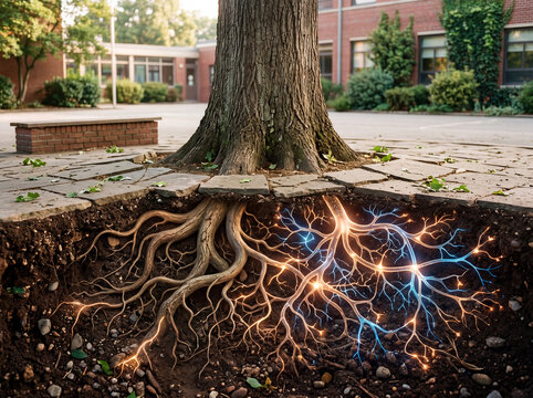 Tree roots merging with neural network beneath a schoolyard, symbolizing deep learning, knowledge growth and brain development