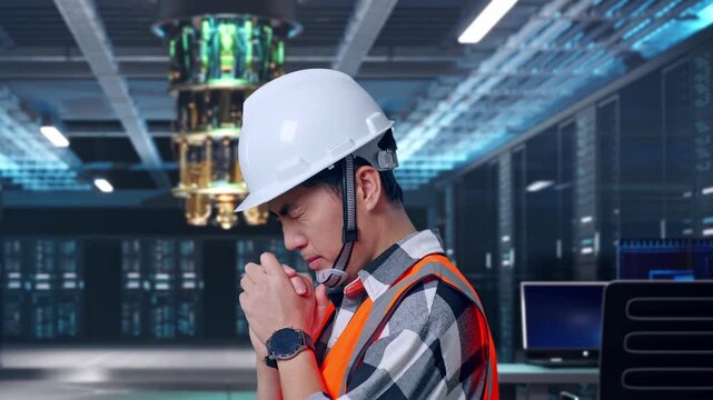 Close Up Side View Of Asian Male Engineer With Safety Helmet Pray For Something While Standing at Futuristic Quantum Computer Data Center Control Room
