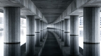 Obraz premium Perspective view of a modern concrete bridge structure with symmetrical columns reflected in calm water below