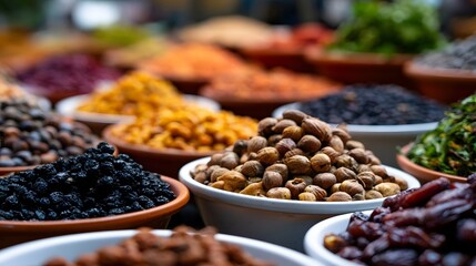 Obraz premium A vibrant market stall displays an array of colorful dried fruits and nuts arranged in ceramic bowls