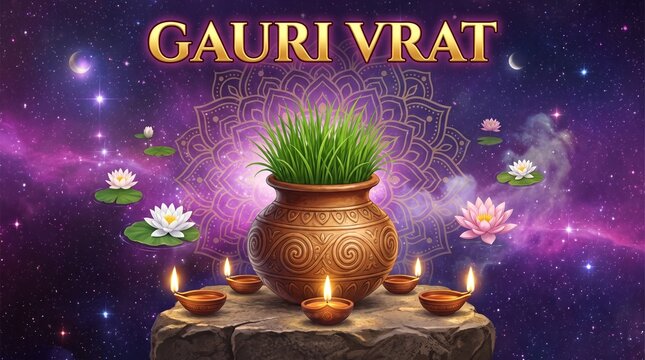 Spiritual Cosmic Gauri Vrat Poster with Sacred Jawara