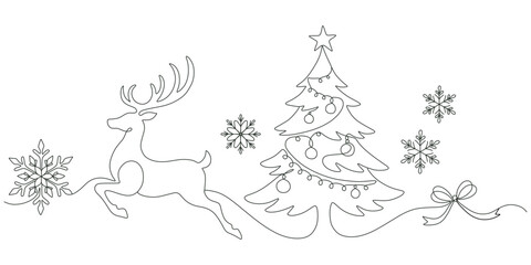 Continuous line drawing of Christmas reindeer jumping near decorated christmas tree and snowflakes, minimalist one line art vector background banner © Art Ris