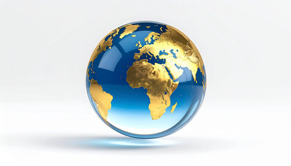 Fototapeta premium Luxurious Glass Globe with World Map Gold Metallic Continents and Deep Blue Ocean