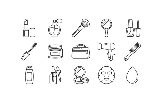 Cosmetics and makeup beauty products vector illustration line icon set