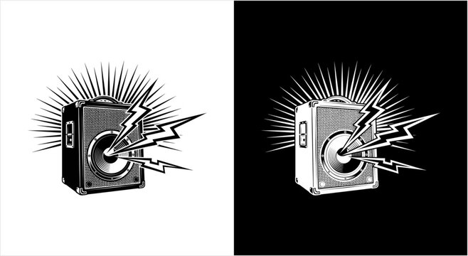 Vintage Speaker Emitting Sound Waves and Lightning Bolts.