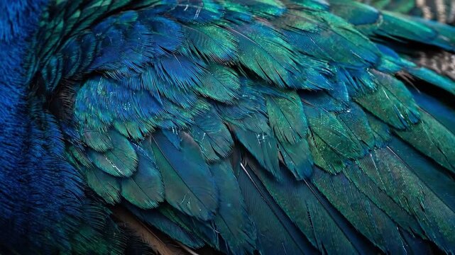 Slow tracking macro pan of peacock wing feathers shifting and preening on aviary perch, close up view of iridescent blue green plumage texture and layered pattern in daylight