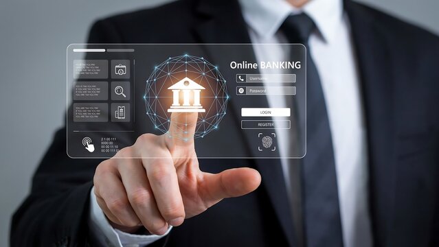 Online Banking Interface: A businessman in a suit uses a transparent touchscreen to interact with an online banking interface, displaying bank icons and login fields.