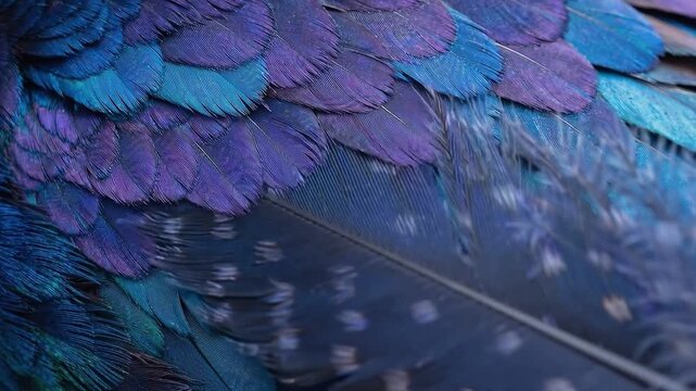 Macro tracking slow motion shot of parrot wing feathers ruffling and settling during close up study on tropical perch in controlled natural light daytime intimate detail