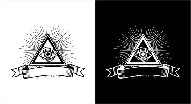 All Seeing Eye Triangle Symbol with Sunburst and Banner.