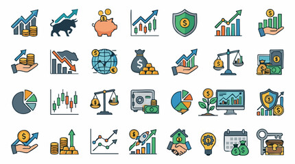 Fototapeta premium Vector icon set for finance, business growth, investment, and financial security
