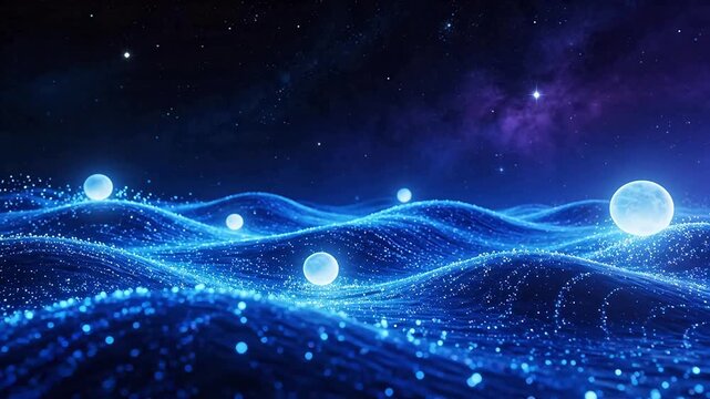 Blue glowing spheres on wavy surface