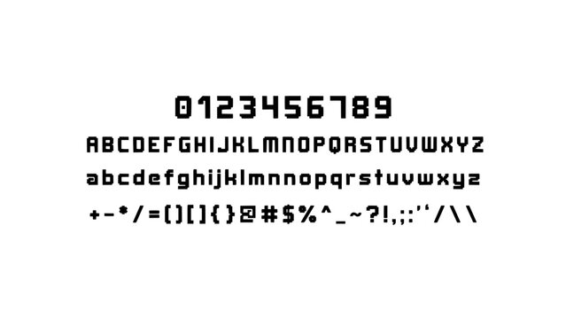 Digital Display of Alphanumeric Characters and Symbols in Pixelated Font Featuring Typeface, Text, Letters with Numbers and Signs