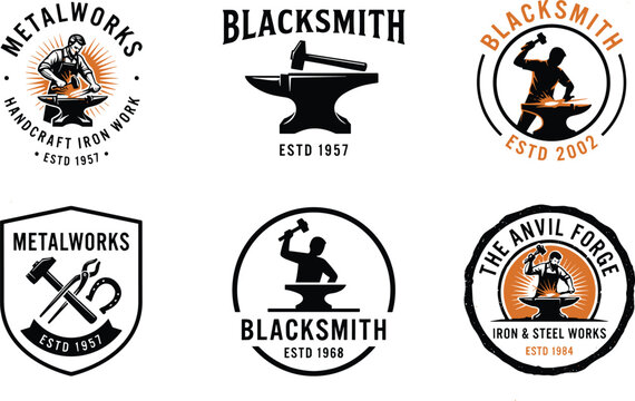 Vintage blacksmith forge and metalworks logo badges set with anvil hammer and iron worker craftsman vector illustration collection