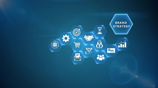 Brand Strategy Infographic Animation with Business Marketing Icons and Digital Enterprise Technology on Blue Background 4k visuals